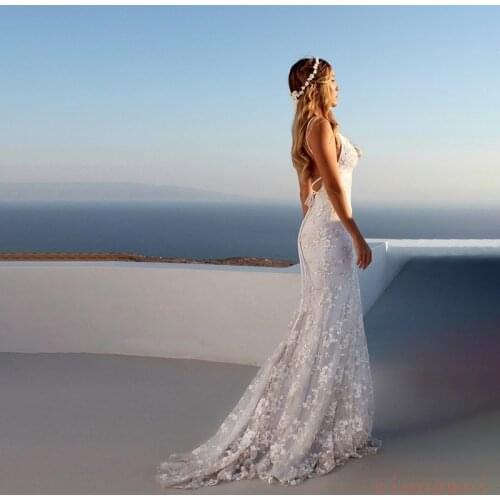 2021 Summer White Lace Bohemian Long Beach dress Low Back Backless Open Back Mermaid Dresses Women Wedding Travel Dresses