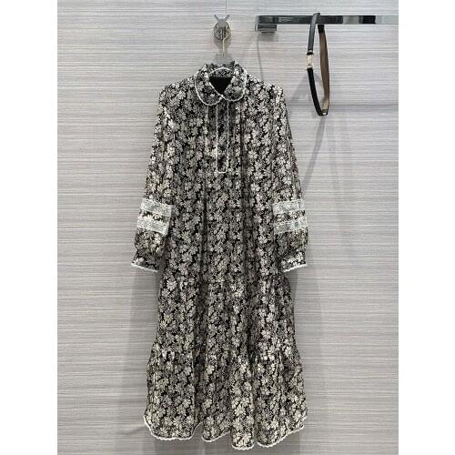 Printed Boho Silk Floral Long 2021 Early Spring Women Vintage Dresses New Palace Loose Puff Sleeve Sashes Mid-length Dress