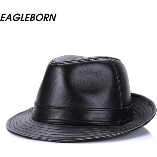 Winter Genuine Leather Wide Brim Stetson Fedoras British Hats For Men Women Gentman Black 56-58cm Fitted Jazz Hip-Pop Gorras Hat