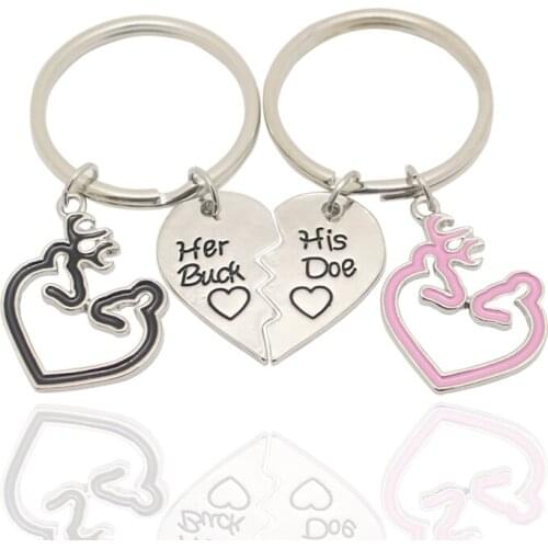 2 PCS/Set Key Ring Elk Deer Love Heart Couple Pendant Keychain Jewelry Creative Letter Her Buck & His Doe For Women Gift