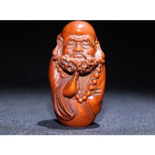 3" China Lucky Old Boxwood Hand-carved Dharma statue Bodhidharma Handle Office Ornaments Town House Exorcism