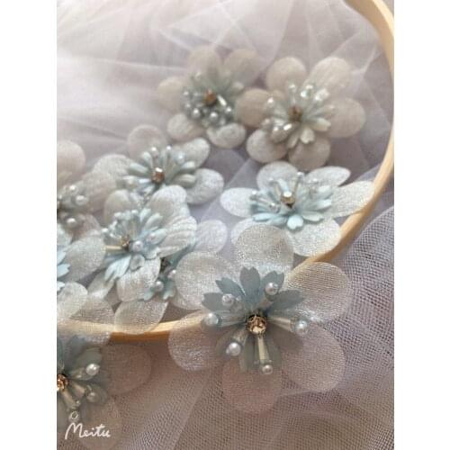 50 pcs 3d Light Blue Flowers Applique, Hand Crafted Bead Flowers