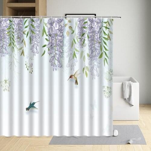 White Background Flowers Shower Curtain Rose Carnation Leaves Bird Wisteria Cloth Bathroom Decor Bath Screen With Hooks