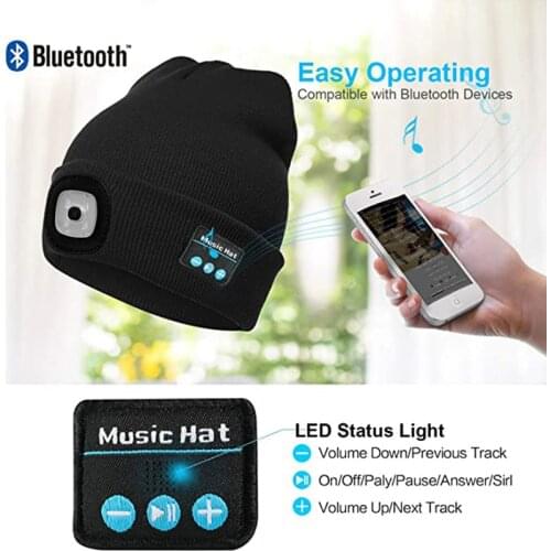 Bluetooth 5.0 LED sport Hat Built-in Stereo Speakers & Mic, USB Rechargeable LED Lighted Knit Cap Sports running cap