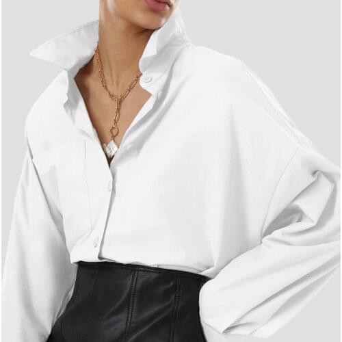 Long Sleeve Women Blouse Shirts Elegant Loose Pocket New Classic Basis White Womens Tops Blouses 100% Cotton Shirt Tunic Top