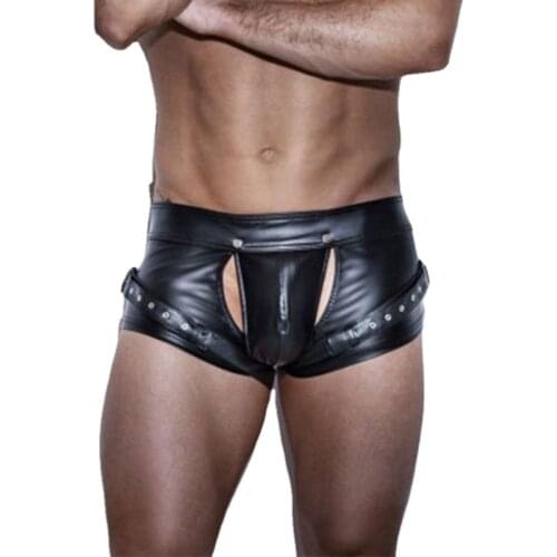 European and American Sexy Underwear Mens EBay Leather Patent Leather Front and Back Hollow Strap Tight Leather Shorts