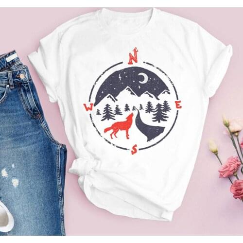 Women Printing Graphic Animal Mountain Moon Night Cartoon 90s Print Tops Lady Tees Clothing Female T Shirt Womens T-Shirt