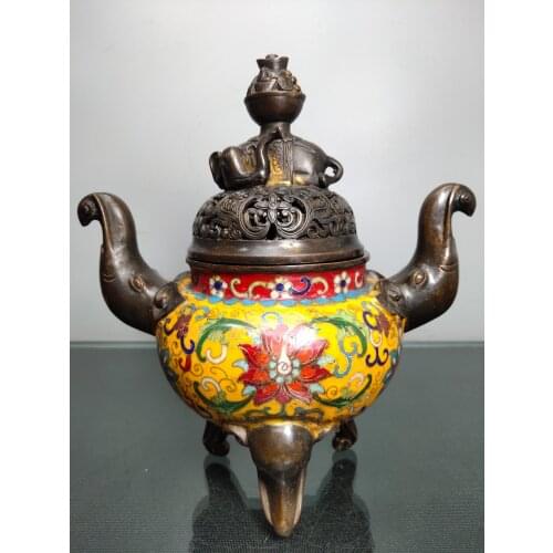 9"Chinese temple collection Old Bronze Cloisonne Enamel Elephant statue Elephant head Ear Three-legged incense burner Ornaments