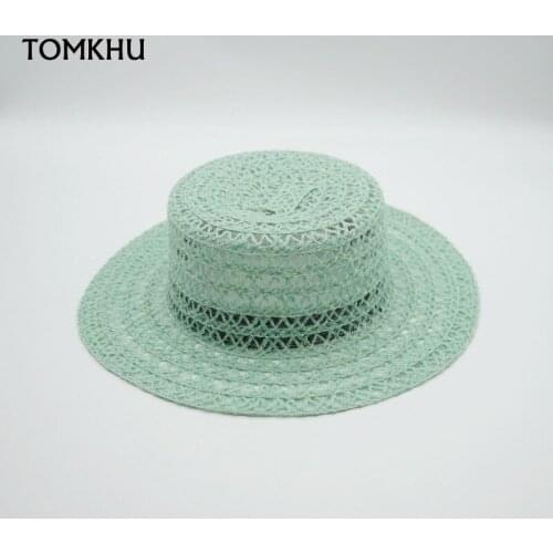 NEW Hollow Knitting Flat Top Green Sunscreen Lady Grass Fedoras Hats Women Summer Casual Panama Jazz Hat Chapeu Feminino Custom