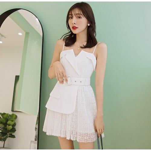 YIGELILA Autumn New Arrival White Dress Square Collar Solid With Belt Elegant Dress Spaghetti Strap Solid Sleeveless Dress 65477