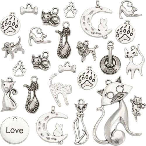 1 Set Mixed Color Tibetan Style Cat Charms Pendants Cat Theme Necklace Bracelet Charms For DIY Jewelry Making