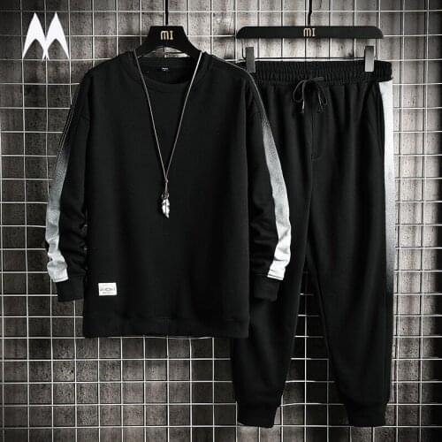 Patchwork Casual Mens Sets 2021 Korean Harajuku 2 Piece Sets Clothes Fashion O-Neck Sweatshirt Tracksuit Men Simple Sportwear