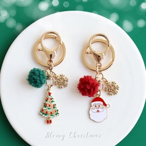 Christmas Gift Cute Little Fur Pompom Balls Snowflakes Stars Christmas Tree Keychain Lovers Friends Key Ring Bag Jewelry Pendant