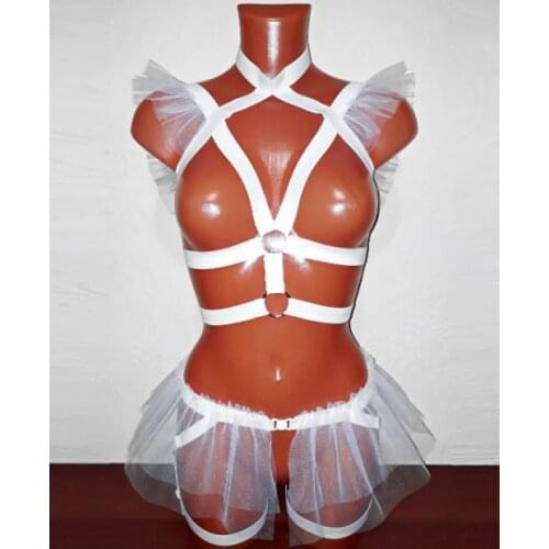 FUFUCAILLM 2 Piece Sexy Lingerie Set, Solid Color Harness Strappy Hollow Out Elastic Bra and Garters for Women, Black/White