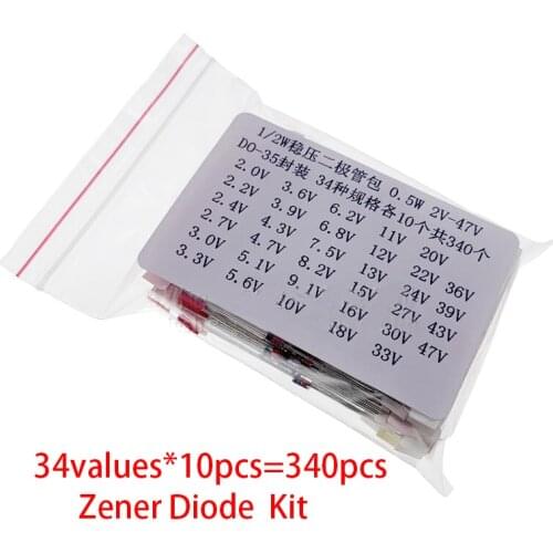 1/2W Zener Diode 0.5W 2V - 47V 34values*10pcs=340pcs Assorted Assortment Set BZX55C Series DIY Kit