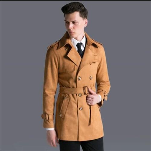 Spring autumn mens trench coats man double-breasted suede clothes yellow fashion British lapel loose suede overcoat long sleeve