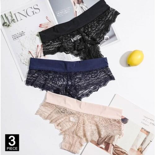 Panties Woman Sexy Lace Cotton Briefs Transparent G-String T-back Black White Underwear Female Lingerie 3 Pcs/Set Dropshipping