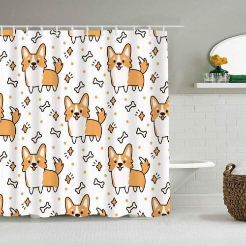 Polyester Fabric Shower Curtain Orange Puppy Cute Pattern Dog Breed Welsh Corgi Animals Wildlife Star Pug Little Heart Doggy