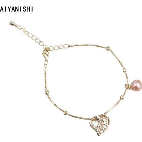 AIYANISHI 18K Gold Filled Pearl Bracelets Hearts Bangles Women Natural Freshwater Pearls Bracelets Jewelry Valentines Day Gifts