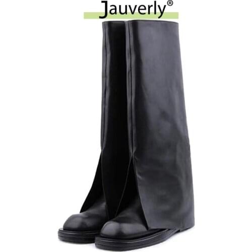 2021 New Top Quality Design Black Fold Knee High Boots Round Toe Sexy Long Boot Fashionable Stars Brand Female Shoes Botas Mujer