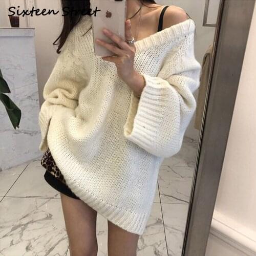 New Autumn Sweater Woman Loose Knitted V-Neck White Solid Warm Long Pullover Female Sexy Winter 2020 Chic Korea Lantern Sleeve
