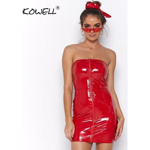 Hot Sale Strapless Front Zipper PU Sexy Dress Women Off Shoulder Sleeveless Sheath Mini Bodycon Dress Backless Women Party Dress