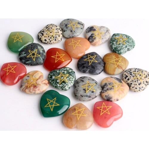 1Pc Natural Crystal Five Star Rune Heart Shape Pendant Rose Quartz Fluorite Amethyst Fluorite Gemstone Necklace Reiki Healing