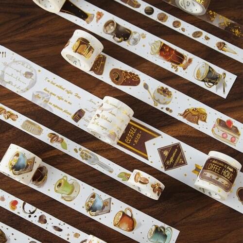 15-40mm*5m Kawaii Coffee Cup Gold Washi Tape Stickers Scrapbooking Masking Tape School Supplies Bullet Journal Papeleria sl1551