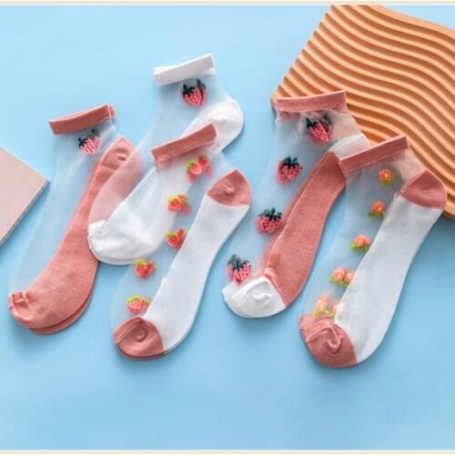 5 Pairs Women Socks Harajuku Summer Cartoon Strawberry Lace Ankle Sock Casual Socks Transparent Elastic School Girl Short Socks