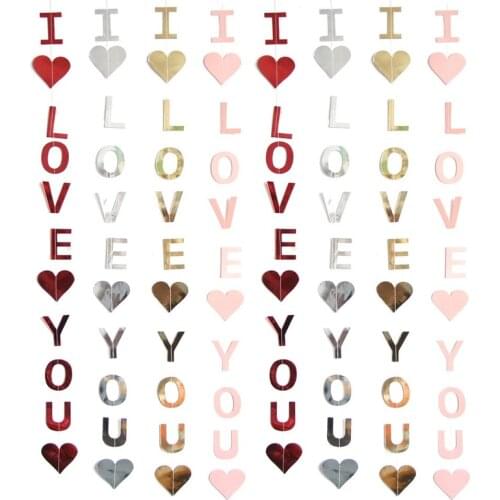 Wedding Party Decor I Love You Banner Valentines Day Decoration Paper Garland Rose Gold Heart-shaped Paper Supplies