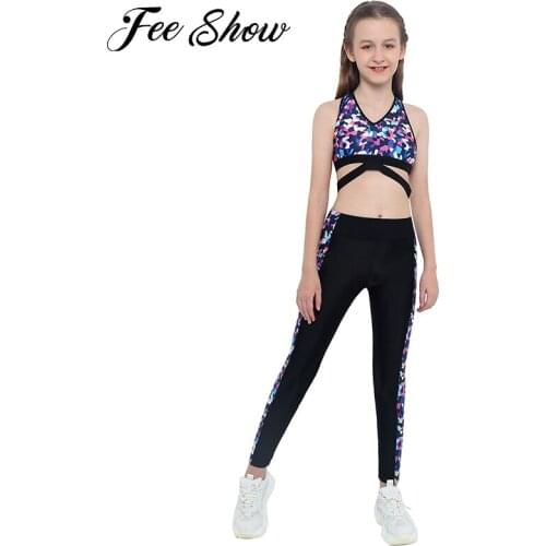 Kids Girls Ballet Dance Sport Set Yoga Gym Suit Sleeveless Geometric Print V Neck Cross at Rear Sports Top Long Pants Leggings