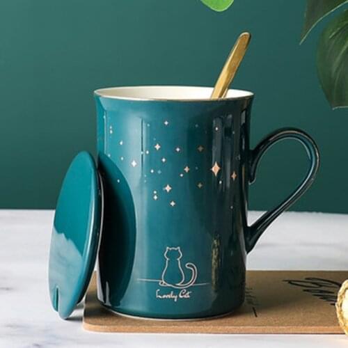 320mL Cat Starry Sky Ceramic Coffee Cup Porcelain Mug with Lid Stainless Steel Spoon Novelty Coffee Mug Gifts for Crazy Cat Love