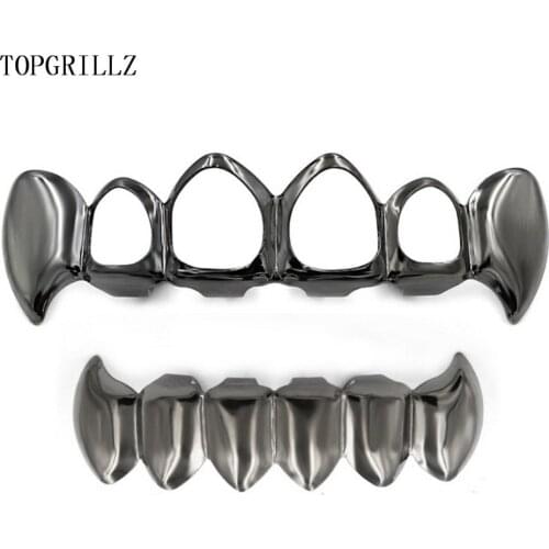 TOPGRILLZ Gold Color Plated Hip Hop Teeth Hollow Fang Top & Solid Fangs Bottom Grillz Set Vampire Grills Sets