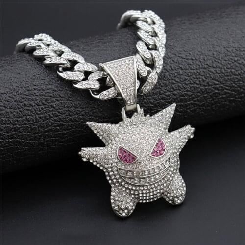 Hip Hop Iced Out Bling Anime Ghost Alloy Gold Silver Color Pendant & Necklace For Men Women Jewelry With Cuban Chains