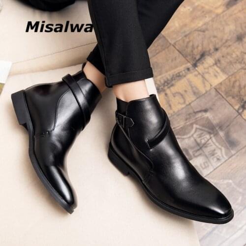 Misalwa Short Plush Men PU Leather Boots Retro Buckle Strap British Chelsea Boots Plus Size 38 48 Dropship Mens Shoes Motorcycle