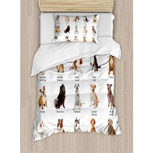 Dog Duvet Cover Set Group Different Puppy Breeds Family Type Species Dalmatian Husky Bulldog Image Print Decorative 2 Piece Bed