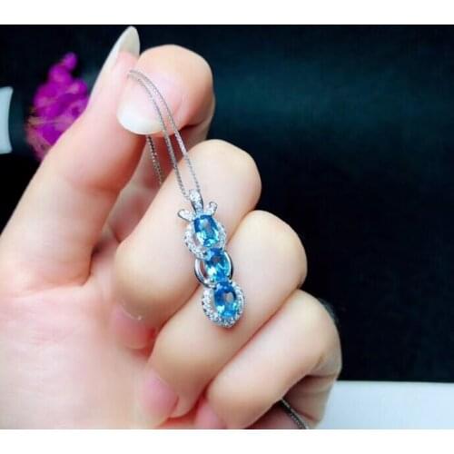 Natural blue topaz gem necklace pendant S925 silver natural gemstone pendant Lovely lucky beans woman girl party gift jewelry