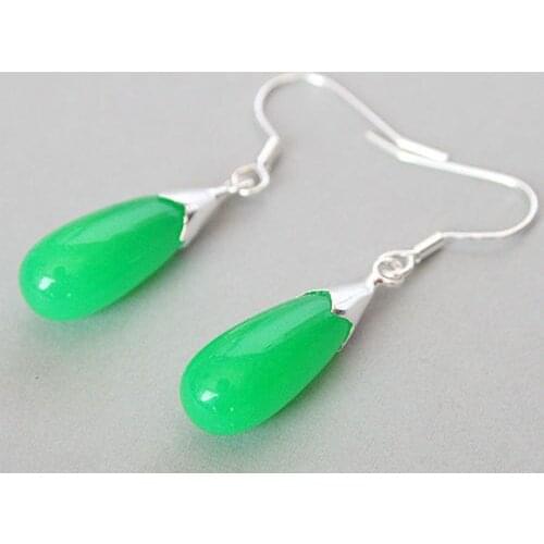 Silver Hook Green Natural jade Teardrop Eardrop Earrings 1 1/2"
