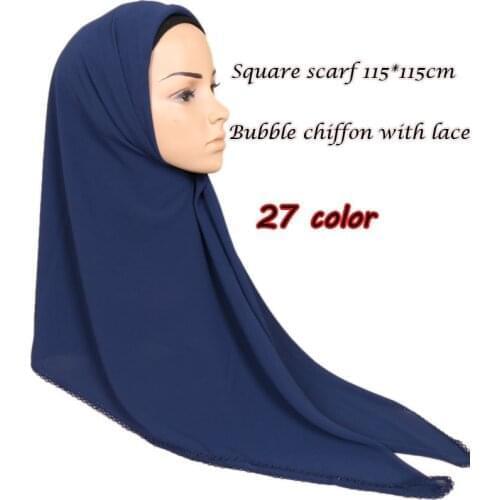 Newest Square Scarf Bubble Chiffon With Lace Shawls Hijab Headband Wrap Fashion Muslim 27 Colors 115*115cm 10pcs/Lot Wholesale