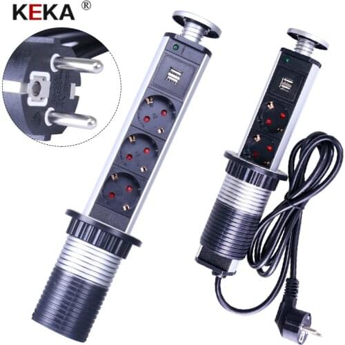 KEKA EU Plug socket 3 power sockets Kitchen Table Electrical Socket Power 1 Led+2 charge USB Aluminum Shelf Worktop EU Plug