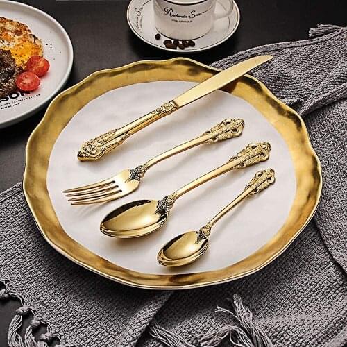 Western Silverware Set 304 Stainless Steel Flatware Set Gold Cutlery Sets Embossed Tableware Dinnerware Set Fork Knife Spoon