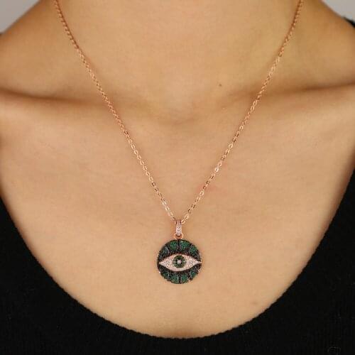 New black green white cubic zirconia turkish evil eye pendant Bohemia rose gold color necklace for women lady lucky jewelry