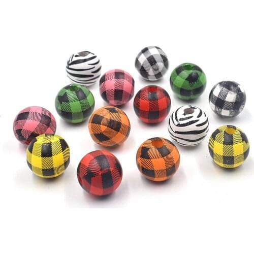 16mm DIY Wood Beads Balls Round Balls Kids Christmas Snowflake Black White Colorful Checkered Decoration Wooden Charms 10Pcs/Lot