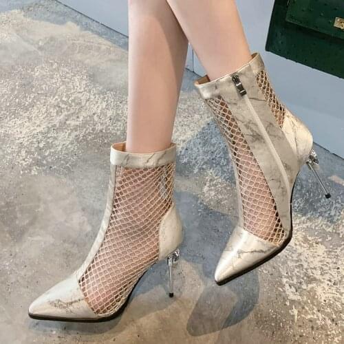 Brand Women Shoes Super High Heel Mesh Cloth Hollow Sexy Ladies High Heel Sandals Rhinestone Decorative Side Zipper High Heels