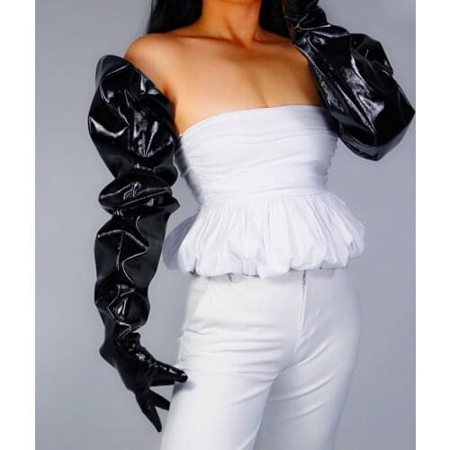 LATEX LONG GLOVES Unisex Black Faux Leather 85cm Wide Balloon Puff Sleeves Large Women Leather Gloves PU235