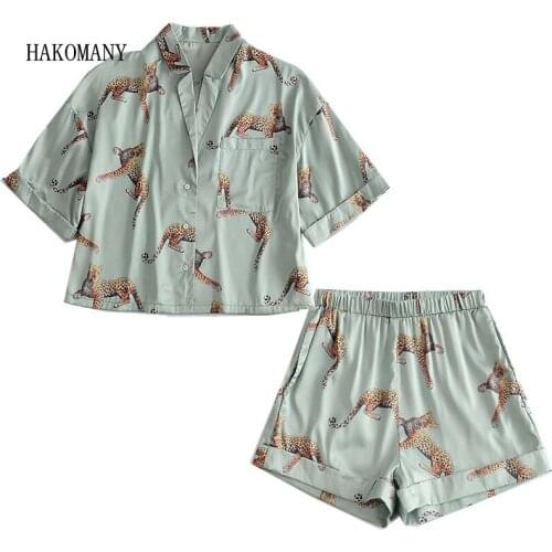 Women Loose Short Sleeve Blouse Tops 2 Pieces Set Animal Leopard Satin Short Shirt Pajama Suits Elastic Waist Wide Leg Shorts