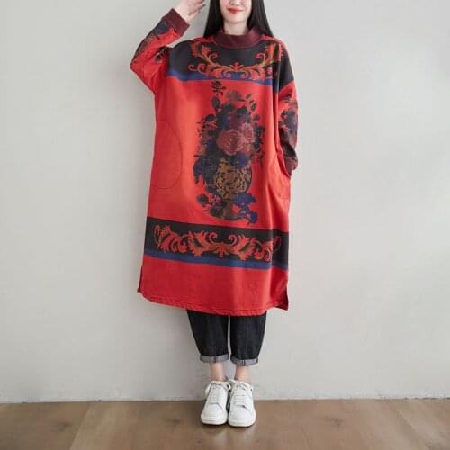 Johnature Women Pullover Sweatshirts Red Print Floral Turtleneck Long Sleeve 2020 Fall Vintage Female Clothes Casual Sweatshirts