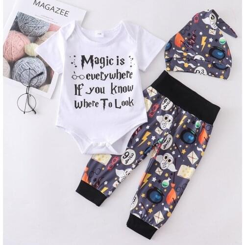 Newborn Baby Boy Clothes Set 2021 Summer Magic Is Everywhere Letter Printed Romper+Pants+Hat 3PCS Infant Baby Clothing Outfits