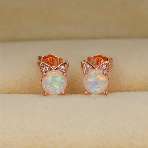 Cute Female White Opal Round Earrings rose gold color Small Stud Earrings For Women Kawaii Trendy Bridal Cat Wedding Earrings