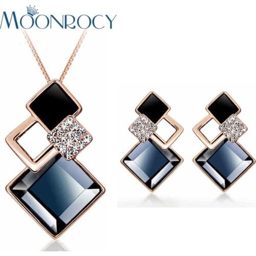 MOONROCY Drop Shipping Rose Gold Color Necklace and Earrings Square Grey Brown Crystal Jewelry Set for Women Girls Gift